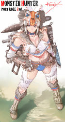 Rule 34 | 1girl, armor, belt, bikini, bikini bottom only, bone armor (monster hunter), boots, breasts, capcom, choker, cleavage, crop top, dinosaur, elbow gloves, fangs, fantasy, gloves, grass, gun, hand on own hip, helmet, highres, huge weapon, kenzy, knee boots, large breasts, legs apart, looking at viewer, monster hunter, monster hunter (series), monster hunter portable 2nd, naughty face, outdoors, purple eyes, rocket, rocket launcher, shield, sideboob, signature, skull, smile, solo, standing, swimsuit, thighhighs, weapon, wide hips, zettai ryouiki