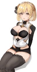 Rule 34 | 1girl, belt, black thighhighs, blonde hair, blush, breasts, brown eyes, cleavage, collar, commentary, djeeta (granblue fantasy), english commentary, framed breasts, gnai, granblue fantasy, hairband, highres, large breasts, leotard, looking at viewer, open mouth, relic buster (granblue fantasy), short hair, simple background, solo, thighhighs, thighs, upper body, vest, white background