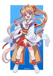Rule 34 | 1girl, :d, artist name, blonde hair, blue background, cross, cross-laced footwear, drill hair, full body, gradient background, hair ribbon, hayasaka, high ponytail, highres, japanese clothes, kaitou jeanne, kamikaze kaitou jeanne, kimono, kusakabe maron, long hair, looking at viewer, obi, open mouth, out of frame, outside border, pony (animal), purple eyes, red ribbon, red skirt, ribbon, sash, sidelocks, simple background, skirt, smile, solo, twitter username, very long hair, white footwear, wide sleeves, yukata