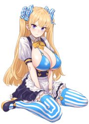 Rule 34 | 1girl, apron, bikini, bikini top only, blonde hair, blue bikini, blue eyes, blush, breasts, buttons, cleavage, commentary request, cuffs, frown, heart button, high heels, highres, juliet sleeves, large breasts, lina (michihasu), long hair, long sleeves, looking at viewer, maid apron, michihasu, multicolored eyes, original, parted lips, puffy sleeves, purple eyes, ribbon, shoes, sitting, solo, striped clothes, striped ribbon, striped thighhighs, swimsuit, thighhighs, twintails, vertical-striped clothes, vertical-striped thighhighs, very long hair, wariza, yellow ribbon