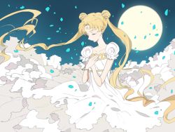 Rule 34 | 1990s (style), 1girl, bead bracelet, beads, bishoujo senshi sailor moon, blonde hair, bracelet, camelot, crescent, crescent facial mark, double bun, dress, closed eyes, facial mark, full moon, hands on own chest, jewelry, long hair, moon, own hands together, petals, princess serenity, retro artstyle, solo, tsukino usagi, twintails, white dress
