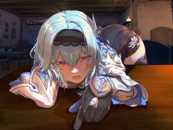 Rule 34 | 1girl, arms on table, ass, bar (place), black gloves, black hairband, blue hair, breast press, breast rest, breasts, breasts on table, drunk, eula (genshin impact), game screenshot background, genshin impact, gloves, hair between eyes, hair ornament, hairband, highres, indoors, looking at viewer, medium hair, open mouth, reaching, reaching towards viewer, red eyes, sidelocks, small breasts, solo, teeth, two-tone gloves, unkempt, wide sleeves, xiaohuangyu