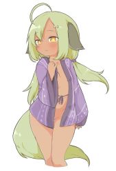 Rule 34 | 1girl, ahoge, animal ears, bad id, bad twitter id, blush, bottomless, convenient censoring, dark skin, dark-skinned female, dog ears, done (donezumi), flat chest, green hair, groin, inactive account, long hair, low twintails, naked shirt, open clothes, open shirt, original, shirt, solo, tail, titi-chan (nezumi inu), twintails, yellow eyes