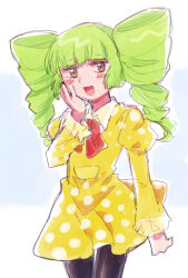 1girl blush_stickers bow chiimako dress drill_hair green_hair long_hair mario_(series) mimi_(paper_mario) nintendo open_mouth pantyhose paper_mario personification polka_dot polka_dot_dress smile solo super_paper_mario twintails yellow_dress