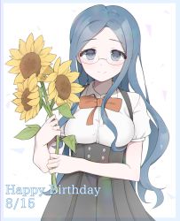Rule 34 | 1girl, blue eyes, blue hair, closed mouth, commentary request, danganronpa (series), danganronpa v3: killing harmony, dated, flower, glasses, happy birthday, highres, holding, holding flower, jacket, long hair, long sleeves, looking at viewer, parted bangs, puffy short sleeves, puffy sleeves, raimone (nekokirinv3), ribbon, shirogane tsumugi, shirt, short sleeves, simple background, skirt, smile, solo, striped, sunflower, white background, white shirt