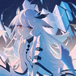 Rule 34 | 1girl, arknights, belt, coat, dress, finger to mouth, hexagon, highres, long sleeves, looking at viewer, open clothes, open coat, orange eyes, ptilopsis (arknights), ptilopsis (elite ii) (arknights), solo, upper body, white coat, white dress, white hair, wide sleeves, yoalix (pudding vise)