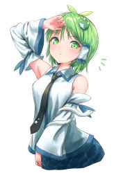 Rule 34 | 1girl, alternate hair length, alternate hairstyle, antenna hair, arm up, armpits, black necktie, blue skirt, blush, breasts, commentary request, cowboy shot, cropped legs, detached sleeves, frog hair ornament, green eyes, green hair, hair ornament, hair tubes, kochiya sanae, long sleeves, looking at viewer, medium breasts, necktie, roke (taikodon), shirt, short hair, simple background, skirt, snake, solo, star (symbol), star print, touhou, white background, white shirt, wide sleeves