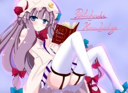 Rule 34 | 1girl, asymmetrical footwear, blue eyes, book, bow, breasts, capelet, character name, crescent, dress, female focus, garter straps, hair bow, hat, highres, long hair, mary janes, mismatched footwear, mob cap, open mouth, patchouli knowledge, purple hair, red bow, ribbon, senbon tsuki, shoes, solo, thighhighs, touhou, white thighhighs