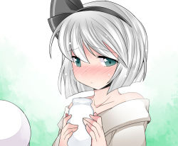 Rule 34 | 1girl, bare shoulders, blush, bottle, embarrassed, green eyes, hairband, hammer (sunset beach), konpaku youmu, konpaku youmu (ghost), milk bottle, short hair, silver hair, solo, touhou