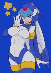 Rule 34 | 1girl, absurdres, android, blue eyes, blush, bodysuit, breasts, buzzlyears, clothes lift, covered navel, crop top, fairy leviathan (mega man), forehead jewel, helmet, highres, large breasts, looking at viewer, mega man (series), mega man zero (series), shirt lift, solo, white bodysuit