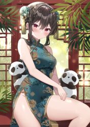 Rule 34 | 1girl, absurdres, bare legs, bare shoulders, blush, brown hair, china dress, chinese clothes, covered navel, double bun, dress, floral print, hair between eyes, hair bun, highres, indoors, kohaku muro, looking at viewer, miao clothes, original, panda, red eyes, side slit, sitting, solo