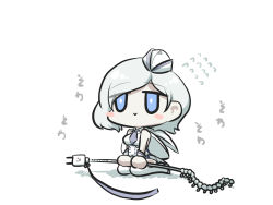 Rule 34 | 1girl, abyssal pacific princess, abyssal ship, blue eyes, blush stickers, capelet, chibi, comic, commentary request, flying sweatdrops, garrison cap, goma (gomasamune), grey hair, hat, highres, holding, holding staff, kantai collection, kneeling, necktie, shirt, short hair, sitting, sleeveless, sleeveless shirt, smile, solo, spine, staff, thighhighs, translation request, white background