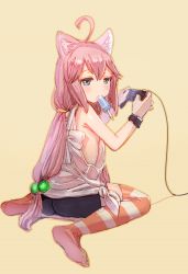Rule 34 | 1girl, ahoge, animal ear fluff, animal ears, ass, bike shorts, blue eyes, blush, bow (bhp), cat ears, commentary, controller, food, hair bobbles, hair ornament, hinata channel, joystick, long hair, looking at viewer, looking back, loose clothes, loose shirt, low-tied long hair, mouth hold, nekomiya hinata, pink hair, popsicle, shirt, simple background, solo, striped clothes, striped thighhighs, thighhighs, very long hair, virtual youtuber, white shirt, wristband, yellow background