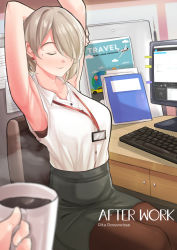 Rule 34 | 1girl, absurdres, alternate costume, armpits, blush, brown hair, brown pantyhose, chair, character name, closed eyes, coffee, collared shirt, cup, grey skirt, haerge, hair over one eye, highres, honkai (series), honkai impact 3rd, keyboard (computer), miniskirt, mole, mole under eye, monitor, mug, multiple girls, name tag, nose blush, office chair, office lady, pantyhose, pov, rita rossweisse, shirt, shirt tucked in, short hair, skirt, sleeveless, sleeveless shirt, solo focus, stretching, sweat, swivel chair, white shirt