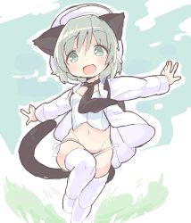 Rule 34 | 1girl, :d, animal ears, black necktie, blue eyes, blush, cat ears, cat tail, grey hair, groin, hat, leg up, navel, necktie, okayu (headless), open mouth, outstretched arms, panties, sanya v. litvyak, short hair, side-tie panties, simple background, smile, solo, strike witches, tail, thighhighs, underwear, white panties, white thighhighs, world witches series
