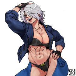 Rule 34 | 1girl, abs, angel (kof), bra, breasts, chaps, cropped jacket, fingerless gloves, gloves, hair over one eye, highres, jacket, jamrolypoly, large breasts, leather, leather jacket, muscular, muscular female, navel, snk, solo, strapless, strapless bra, the king of fighters, the king of fighters xv, thighs, toned, underwear, white hair