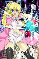 Rule 34 | 1girl, apron, blonde hair, blue eyes, breasts, dress, fang, fingerless gloves, frills, gloves, lilith aileron, long hair, open mouth, ponytail, ribbon, shoes, tales of (series), tales of destiny, thighhighs