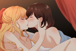 Rule 34 | 2girls, blonde hair, blush, brown hair, claire francois, closed eyes, commentary request, curtains, drill hair, ear blush, hair ribbon, hand on another&#039;s face, highres, indoors, kiss, long hair, medium hair, multiple girls, nude, parted lips, rae taylor, red ribbon, ribbon, risai, under covers, watashi no oshi wa akuyaku reijou, yuri