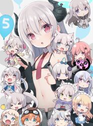 &gt;_&lt; animal_ears bikini black_bikini blue_eyes blush_stickers cat_ears cat_girl chibi flat_chest green_eyes grey_hair hair_between_eyes highres long_hair navel no_nose open_mouth purple_eyes siragagaga stomach swimsuit