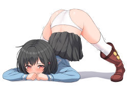 Rule 34 | 1girl, ass, black hair, black skirt, blue sailor collar, blue shirt, blush, boots, brown footwear, closed mouth, clothes lift, commentary request, embarrassed, full body, granblue fantasy, hekomii, jack-o&#039; challenge, knee boots, long sleeves, panties, pleated skirt, red eyes, sailor collar, school uniform, serafuku, shadow, shirt, skirt, skirt lift, solo, thighhighs, thighhighs under boots, top-down bottom-up, trembling, underwear, vikala (granblue fantasy), wavy mouth, white background, white panties, white thighhighs