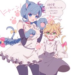 Rule 34 | 1boy, 1girl, ahoge, alternate costume, animal collar, animal ears, animal hands, bell, black thighhighs, blonde hair, blue eyes, blue hair, blush, bow, braid, breasts, cat ears, cat tail, cleavage, collar, collared dress, commentary request, crossdressing, desuhiko thunderbolt, dress, facial mark, flower, frilled dress, frills, fubuki clockford, gloves, green eyes, grey skirt, hair flower, hair ornament, highres, hitsujiya.m, jewelry, jingle bell, kemonomimi mode, large breasts, long sleeves, master detective archives: rain code, necklace, open mouth, paw gloves, paw pose, paw print, pink flower, short hair, single braid, skirt, smile, speech bubble, standing, surprised, sweatdrop, tail, tail bow, tail ornament, thighhighs, translation request, turn pale, v-shaped eyebrows, white background, white dress