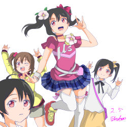 Rule 34 | 1boy, 3girls, absurdres, black hair, blush, bow, brother and sister, brown hair, closed mouth, flower, hair bobbles, hair bow, hair flower, hair ornament, highres, looking at viewer, love live!, love live! school idol project, multiple girls, nakamr, nico nico nii, one eye closed, open mouth, parted lips, red bow, red eyes, shoes, siblings, side ponytail, simple background, sisters, skirt, smile, standing, twintails, white background, wink, yazawa cocoa, yazawa cocoro, yazawa cotaro, yazawa nico, yellow bow