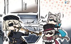 Rule 34 | 1girl, 2boys, absurdres, animal ear fluff, animal ears, beret, blunt bangs, bow, bowtie, carrying, cat ears, cat girl, cat tail, commentary, english commentary, freminet (genshin impact), genshin impact, gloves, grey hair, hair bow, hair ribbon, hat, highres, holding, holding instrument, indoors, instrument, instrument request, kitchen, long hair, long sleeves, looking at another, lynette (genshin impact), lyney (genshin impact), meme, multiple boys, music, oven, parted bangs, piggyback, playing instrument, red bow, red bowtie, ribbon, sesield, short hair, siblings, sidelocks, sketch, sunglasses, tail, top hat, twins, when mama isn&#039;t home (meme), white gloves