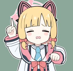 1girl =_= absurdres animal_ear_headphones animal_ears aoraine blonde_hair blue_archive blue_necktie blunt_bangs blush_stickers bow cat_ear_headphones chibi clenched_hand closed_eyes collared_shirt commentary_request facing_viewer fake_animal_ears frown green_background hair_bow halo hand_up headphones highres index_finger_raised jacket long_sleeves medium_hair momoi_(blue_archive) necktie pink_halo red_bow school_uniform shirt simple_background solo upper_body white_jacket white_shirt wide_sleeves