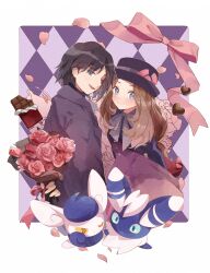 Rule 34 | 1boy, 1girl, alternate costume, black hair, blush, border, bouquet, brown hair, calem (pokemon), candy, chocolate, chocolate bar, closed mouth, creatures (company), flower, food, game freak, gen 6 pokemon, grey eyes, hat, highres, holding, holding bouquet, long hair, meowstic, meowstic (female), meowstic (male), nintendo, open mouth, pink flower, pokemon, pokemon (creature), pokemon xy, sapphire ethu, serena (pokemon), short hair, smile, white border