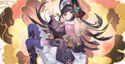 Rule 34 | 1girl, anniversary, blunt bangs, bonnet, boots, capelet, closed mouth, dress, frilled dress, frills, fur-trimmed collar, fur trim, genshin impact, hat, hayama eishi, highres, knee boots, lolita fashion, long hair, long sleeves, looking at viewer, multicolored hair, own hands together, pantyhose, pink capelet, purple dress, purple hair, purple pantyhose, qi lolita, red eyes, sleeves past wrists, solo, tassel, very long hair, vision (genshin impact), white fur, yun jin (genshin impact)