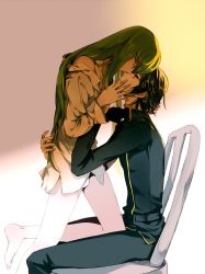 Rule 34 | 1boy, 1girl, bare shoulders, c.c., chair, code geass, couple, hand on another&#039;s face, head tilt, kneeling, lelouch vi britannia, long hair, long sleeves, looking at another, meimi k, school uniform, shirt, short hair, sitting, standing, standing on one leg, white shirt