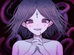 Rule 34 | 1girl, :3, @ @, absurdres, blood, blood from mouth, cross, earrings, facial mark, fangs, half-closed eyes, highres, jewelry, kkamkkam, looking at viewer, medium hair, open mouth, original, own hands clasped, own hands together, parted bangs, purple eyes, purple hair, ringed eyes, solo, tentacles, topless
