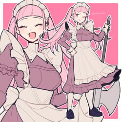 Rule 34 | 2girls, :d, ;), alternate costume, apron, artist name, axe, black footwear, border, breasts, do m kaeru, enmaided, female focus, fire emblem, fire emblem: three houses, full body, halberd, hilda valentine goneril, holding, holding axe, holding weapon, light smile, long hair, long sleeves, looking at viewer, maid, maid apron, maid headdress, matching hair/eyes, medium breasts, multiple girls, multiple views, nintendo, one eye closed, open mouth, pantyhose, pink background, pink eyes, pink hair, polearm, smile, standing, twintails, twitter username, weapon, white border, white pantyhose, wink