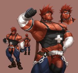 Rule 34 | 1boy, abs, armpit hair, armpits, ass, bandaged arm, bandages, bara, beard, belt, biceps, black male underwear, boots, brown background, bulge, character sheet, clenched hands, cock ring, eyepatch, facial hair, flexing, gloves, headband, highres, kuromine hiraya, male focus, male underwear, manly, mature male, muscular, muscular male, nipples, original, pants, penis, pubic hair, red eyes, red hair, sex toy, shoes, short hair, simple background, solo, spiked hair, tattoo, thick arms, thick eyebrows, thick thighs, thighs, thong, underwear, wristband