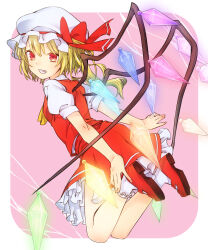 Rule 34 | 1girl, arms behind back, ascot, blonde hair, bobby socks, border, breasts, crystal, flandre scarlet, frilled skirt, frills, from side, full body, glowing, glowing wings, hat, hat ribbon, highres, looking to the side, mary janes, medium hair, multicolored wings, one side up, open mouth, pink background, red eyes, red footwear, red ribbon, red skirt, red vest, ribbon, shimi to ufu, shirt, shoe soles, shoes, skirt, skirt set, small breasts, socks, solo, teeth, touhou, vest, white border, white hat, white shirt, white socks, wings, yellow ascot