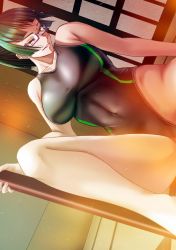 Rule 34 | 1girl, abs, ass, breasts, glasses, green hair, highres, huge ass, jujutsu kaisen, large breasts, laughing, muscular, muscular female, skin tight, smirk, solo, swimsuit, thick thighs, thighs, weapon, zen&#039;in maki, zenin maki