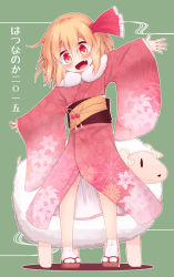 Rule 34 | 1girl, :d, alternate costume, blonde hair, blush, fang, hair ribbon, highres, japanese clothes, kimono, looking at viewer, new year, obi, open mouth, outstretched arms, razy (skuroko), red eyes, ribbon, rumia, sandals, sash, sheep, short hair, simple background, smile, solo, tabi, touhou, translation request, white legwear