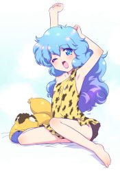 Rule 34 | 1girl, animal print, armpits, blue eyes, blue hair, curly hair, dress, female focus, hayami persia, highres, hime hachi, leopard print, mahou no yousei persia, one eye closed, open mouth, simba (persia), stretching