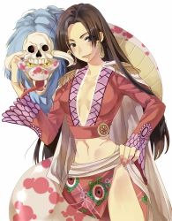 Rule 34 | 1girl, absurdres, amazon warrior, black hair, boa hancock, breasts, cleavage, earrings, female focus, hand on own hip, highres, hip focus, jewelry, long hair, midriff, nail polish, one piece, pet, salome (one piece), sash, side slit, skull, snake, transparent background, white background