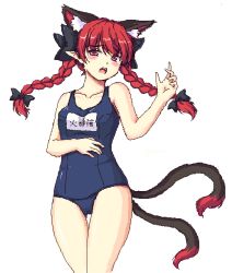 Rule 34 | 1girl, animal ears, bow, braid, cat ears, cat girl, cat tail, extra ears, female focus, hair bow, isaki (gomi), kaenbyou rin, long hair, multiple tails, name tag, one-piece swimsuit, open mouth, pointy ears, red eyes, red hair, ribbon, school swimsuit, simple background, solo, swimsuit, tail, touhou, twin braids, twintails, white background