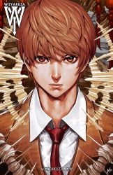 Rule 34 | 1boy, artist name, brown eyes, brown hair, ceasar ian muyuela, death note, expressionless, highres, male focus, neck, necktie, signature, solo, watermark, web address, yagami light