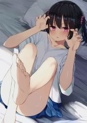 Rule 34 | 1girl, barefoot, black hair, blue skirt, blush, claw pose, collarbone, commentary, commentary request, english commentary, feet, foot focus, foreshortening, full body, futon, hands up, jitome, kamizaki hibana, looking at viewer, lying, medium hair, on back, open mouth, original, parted lips, pillow, pink eyes, shirt, short sleeves, sidelocks, skirt, soles, solo, toes, twintails, white shirt