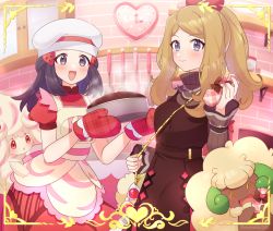 Rule 34 | 2girls, :d, alcremie, alcremie (strawberry sweet), apron, bag, blush, bow, brown dress, clock, closed mouth, commentary request, creatures (company), cupboard, dawn (palentine&#039;s 2021) (pokemon), dawn (pokemon), dress, eyelashes, fingernails, framed, game freak, gen 5 pokemon, gen 8 pokemon, grey eyes, hair bow, hair ornament, hairclip, hands up, hat, holding, holding strap, indoors, kitchen, light brown hair, long hair, long sleeves, mittens, multiple girls, nail polish, nintendo, official alternate costume, open mouth, pink bow, pink nails, pokemon, pokemon (creature), pokemon masters ex, pouch, red dress, red mittens, remotarou, serena (palentine&#039;s 2021) (pokemon), serena (pokemon), shelf, short sleeves, shoulder bag, sidelocks, smile, steam, sunglasses, tongue, unworn eyewear, whimsicott, white-framed eyewear