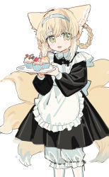 Rule 34 | 1girl, :d, absurdres, alternate costume, animal ears, apron, arknights, black dress, blonde hair, blue hairband, blush, braid, cupcake, dress, enmaided, feet out of frame, food, fox ears, fox girl, fox tail, green eyes, hairband, hands up, highres, holding, holding tray, kitsune, long sleeves, maid, multicolored hair, multiple tails, open mouth, red medicine, short hair, simple background, smile, solo, streaked hair, suzuran (arknights), tail, tray, white apron, white background, white hair, white legwear