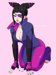 Rule 34 | 1girl, biker clothes, bikesuit, black hair, blunt bangs, bodysuit, breasts, cleavage, fingerless gloves, gloves, hair horns, han juri, hepu2rabbits (epuusa), highres, medium breasts, pink background, red eyes, red nails, solo, street fighter, tongue, tongue out