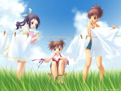 Rule 34 | 3girls, bubble, clothes pin, clothesline, grass, highres, laundry, multiple girls, original, takigawa yuu, wallpaper, wind