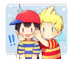 Rule 34 | !, !!, 0mzum1, 2boys, :d, :o, ^^^, baseball cap, black hair, blonde hair, blue background, blue eyes, blue shirt, blush, blush stickers, border, commentary request, hands on another&#039;s face, hands up, hat, looking at another, looking at viewer, lucas (mother 3), male focus, mother (game), mother 2, mother 3, multiple boys, ness (mother 2), nintendo, open mouth, outside border, purple eyes, quiff, red headwear, red shirt, shirt, short hair, short sleeves, sideways hat, simple background, smile, snowflakes, sparkle, striped clothes, striped shirt, t-shirt, two-tone shirt, upper body, white border, yellow shirt