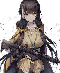 Rule 34 | 1girl, black gloves, black hair, breasts, brown vest, closed mouth, colt 9mm smg, fingerless gloves, girls&#039; frontline, gloves, gun, hair ornament, hairclip, heterochromia, highres, holding, holding gun, holding weapon, hood, hooded jacket, id card, jacket, kogarashi kon, long hair, looking at viewer, multicolored hair, open clothes, open jacket, red eyes, ro635 (girls&#039; frontline), shirt, solo, submachine gun, upper body, vest, weapon, white background, white shirt, yellow eyes, yellow jacket