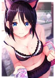 Rule 34 | 1girl, 3:, animal ears, bare shoulders, black hair, black skirt, blue eyes, blurry, blurry background, blush, bra, breasts, cat ears, cla, cleavage, collarbone, commentary request, day, depth of field, embarrassed, highres, holding, lens flare, looking at viewer, medium breasts, mole, mole on breast, off shoulder, original, outdoors, rouka (akatyann), shiny skin, short hair, sidelocks, skirt, solo, solo focus, stomach, underwear