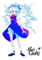 Rule 34 | 1girl, absurdres, blue bow, blue dress, blue eyes, blue footwear, blue hair, bow, bowtie, cirno, closed mouth, collar, collared dress, commentary, detached wings, dress, english commentary, english text, fairy wings, frills, full body, hair bow, highres, ice, ice wings, mary janes, merry christmas, puffy short sleeves, puffy sleeves, red bow, red bowtie, shoes, short hair, short sleeves, simple background, smile, solo, standing, takoongyi, touhou, underwear, white background, wings